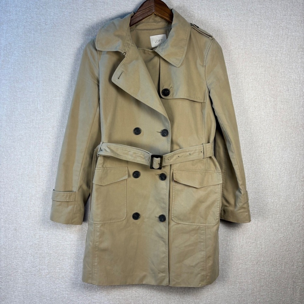 Ann Taylor Loft Womens Tan Khaki Double Breasted Trench Coat Orange Lining Sz 2